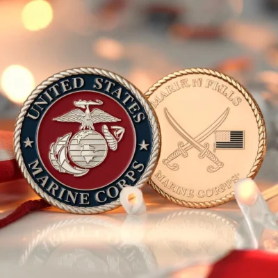 USMC challenge coin displayed among festive Christmas decorations, symbolizing holiday spirit and military pride.