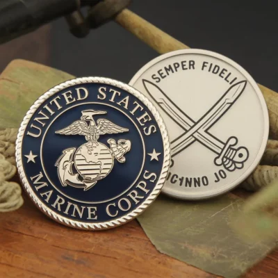 USMC desert FOB coin featuring the Marine Corps emblem, symbolizing camaraderie and achievement among Marines.