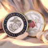 A collection of USMC challenge coins showcasing the emblem and values of the Marine Corps.