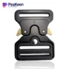 A sleek black belt buckle designed for military use