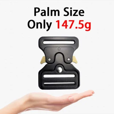 A hand grips a black military buckle belt labeled "palm size only 147.5g," showcasing its lightweight design.