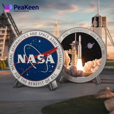 Commemorative coin featuring NASA's space shuttle launch, designed as a challenge coin for space enthusiasts.