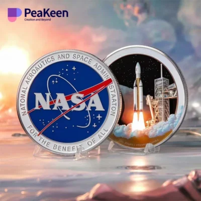 Commemorative NASA space shuttle launch coin featuring intricate designs and the iconic NASA logo.