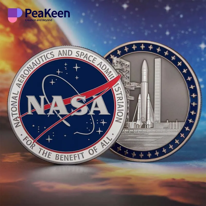 Commemorative coin featuring NASA's space shuttle design, celebrating achievements in space exploration.