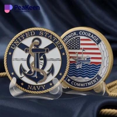 US Navy challenge coin showcased on a blue background, highlighting its intricate design and symbolism.