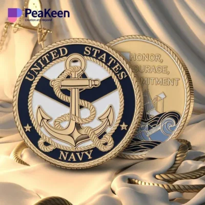 US Navy anchor challenge coin displayed prominently on a white background, showcasing its intricate design and details.