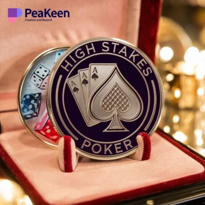 A close-up of a high-stakes poker coin encased, highlighting its detailed craftsmanship and significance in the game.