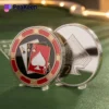 A poker coin displaying a red and black playing card, representing the excitement of card games and gambling.