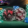 A poker chip featuring a poker face design alongside a traditional casino chip, symbolizing gaming excitement.