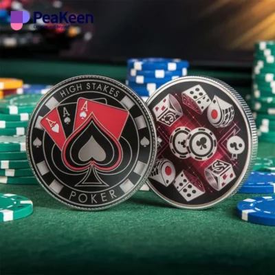 A poker chip featuring a poker face design alongside a traditional casino chip, symbolizing gaming excitement.