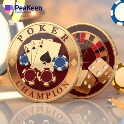 A poker champion coin displayed alongside colorful poker and casino chips, symbolizing victory in the game of poker.