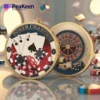 A poker champion coin displayed alongside colorful casino chips and playing cards, symbolizing victory in poker.
