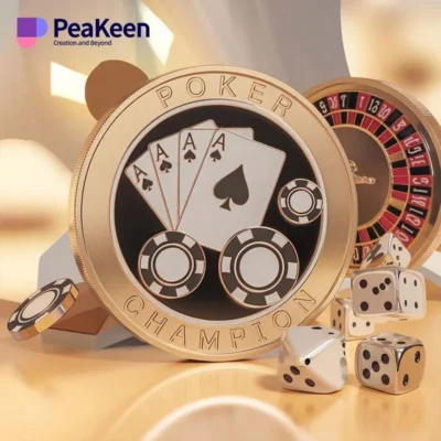 A poker chip alongside dice on a table, representing the excitement of gambling and games of chance.