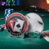 A red and black poker chip featuring a poker face design, symbolizing excitement in a game of chance.