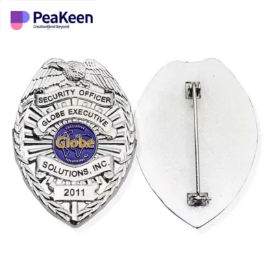 Custom police enamel badge displayed with a badge holder, showcasing intricate design and craftsmanship.