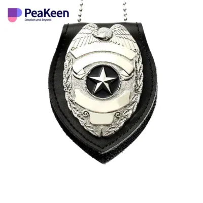 A police badge on a chain featuring a star, symbolizing police enamel awards and recognition of service.