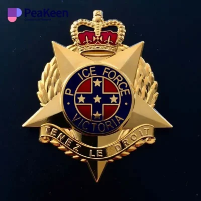 A badge featuring the words "Police Force Victoria," designed for police enamel awards, showcasing authority and recognition.