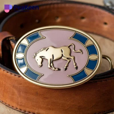 A rodeo brass belt buckle featuring a vibrant pink and blue horse design, showcasing a unique western style.