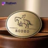 Custom engraved brass belt buckle featuring a horse logo, perfect for rodeo enthusiasts and collectors.
