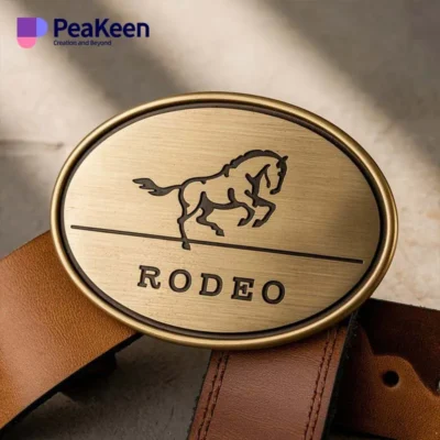 Custom engraved horse logo on a rodeo brass belt buckle, showcasing a unique and stylish design for equestrian enthusiasts.