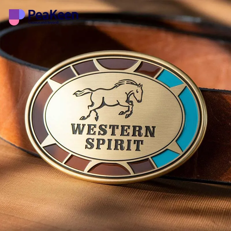 Eine detailreiche Schnalle im Western-Stil mit verschlungenen Mustern, perfekt für Rodeo-Fans und stilvolle Gürtel-Accessoires.