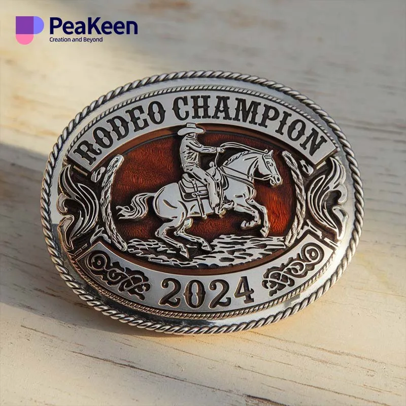 Western belt buckle tailored for a rodeo champion, displaying custom engravings and a distinctive western aesthetic.