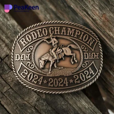 Custom engraved rodeo champion belt buckle featuring your name and logo, showcasing a unique and personalized design.