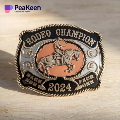 A belt buckle featuring the words "Rodeo Champion," showcasing a proud rodeo achievement.