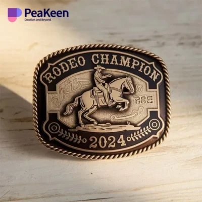 A belt buckle featuring the words "Rodeo Champion" prominently displayed on its surface.