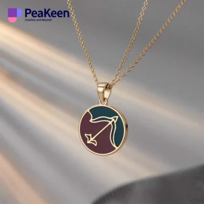 A woman showcases a soft enamel Sagittarius necklace featuring a gold chain and a striking purple pendant.