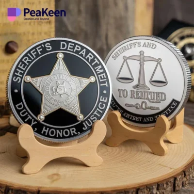 Display of a sheriff's badge alongside a sheriff challenge coin, showcasing law enforcement symbols of authority and service.