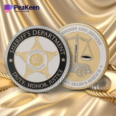 Sheriff challenge coin displayed on a shimmering gold background, symbolizing law enforcement pride and dedication.