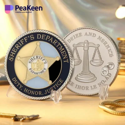 A sheriff's department challenge coin displayed prominently, showcasing its unique design and emblematic features.