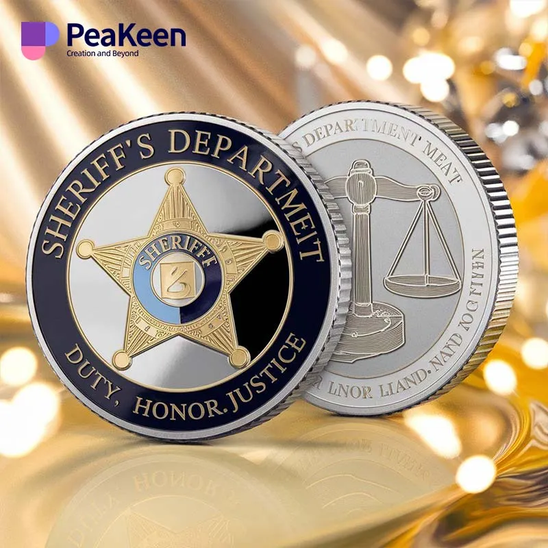 A sheriff's challenge coin resting on a reflective surface, showcasing its detailed design and polished finish.