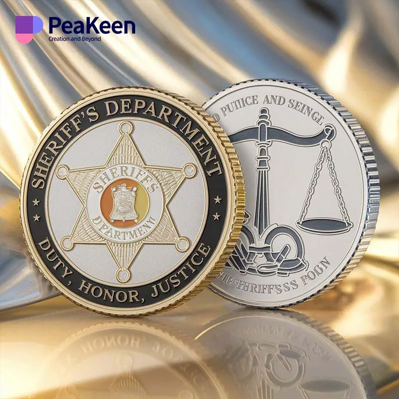 A sheriff's department challenge coin displayed prominently, showcasing its unique design and emblematic features.