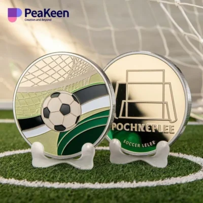 A soccer ball coin featuring a detailed image of a soccer ball embossed on its surface.