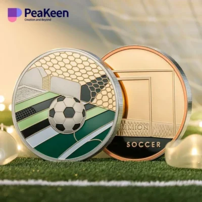 A soccer ball and a soccer-themed coin resting on a grassy field, symbolizing the sport's culture and excitement.