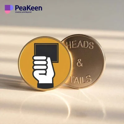 A pin featuring a hand holding a card labeled "Heads" and "Tails," symbolizing soccer referee coin toss decisions.