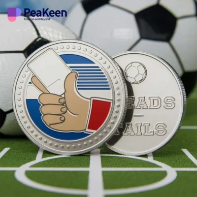 A soccer referee coin featuring a soccer ball design, held in a hand, symbolizing officiating in the sport.