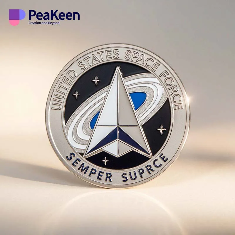 US Space Force emblem displayed on a silver challenge coin, symbolizing military space operations and innovation.