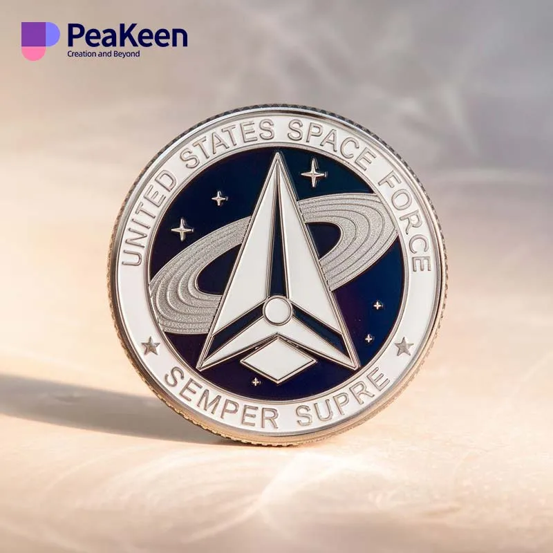 US Space Force emblem displayed on a silver challenge coin, symbolizing commitment to space operations and defense.