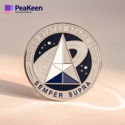 The US Space Force emblem displayed on a silver and blue challenge coin, symbolizing military space operations.