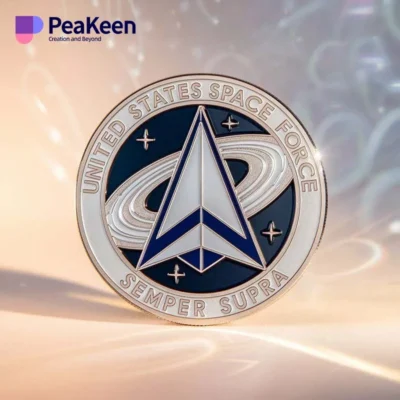 US Space Force badge displayed alongside a challenge coin, symbolizing military commitment to space operations.