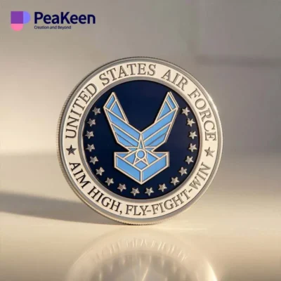 US Air Force logo displayed prominently on a squadron coin, symbolizing pride and camaraderie among service members.