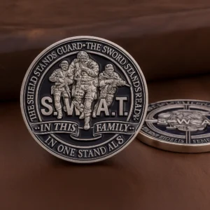 Engraved challenge coin displaying the phrase "smart in this family" for the SWAT team.