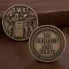 SWAT challenge coin featuring the phrase "to protect and serve justice" with a badge and emblem design.