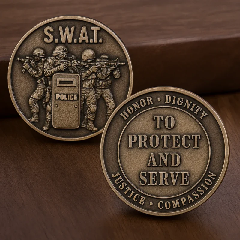 SWAT challenge coin featuring the phrase "to protect and serve justice" with a badge and emblem design.