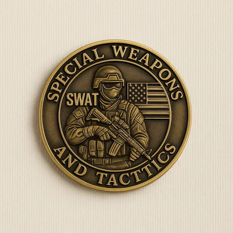 SWAT and tactics badge displayed on a challenge coin, symbolizing law enforcement and tactical excellence.