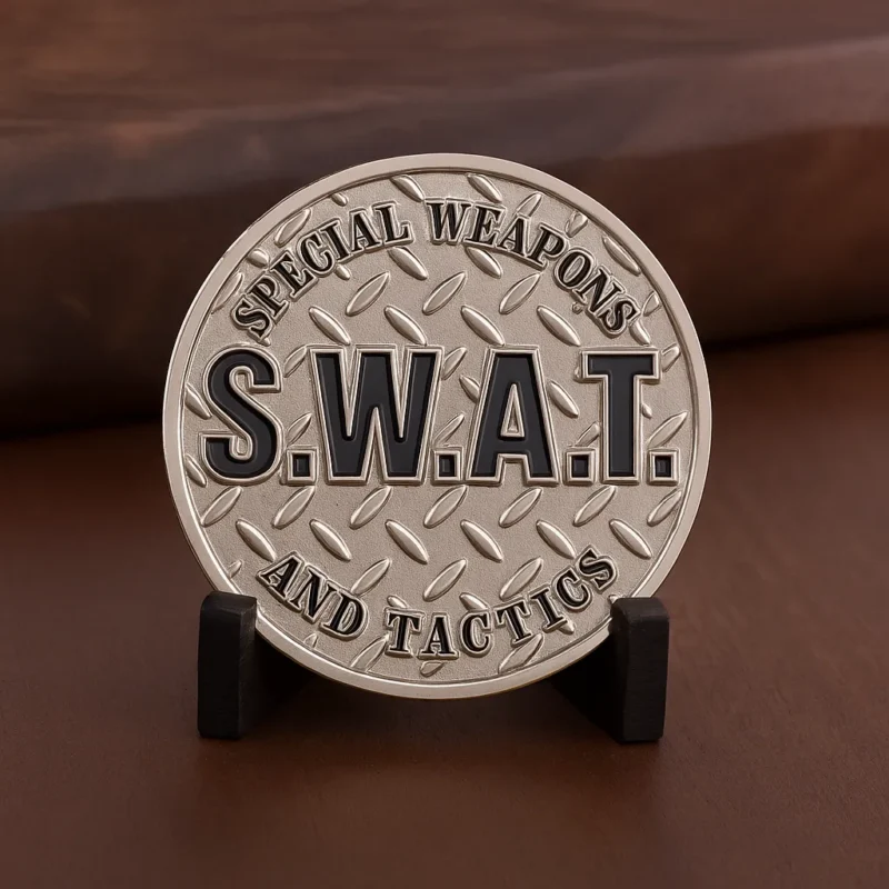 SWAT tactical badge featuring a detailed design, often used as a challenge coin for commemorative purposes.