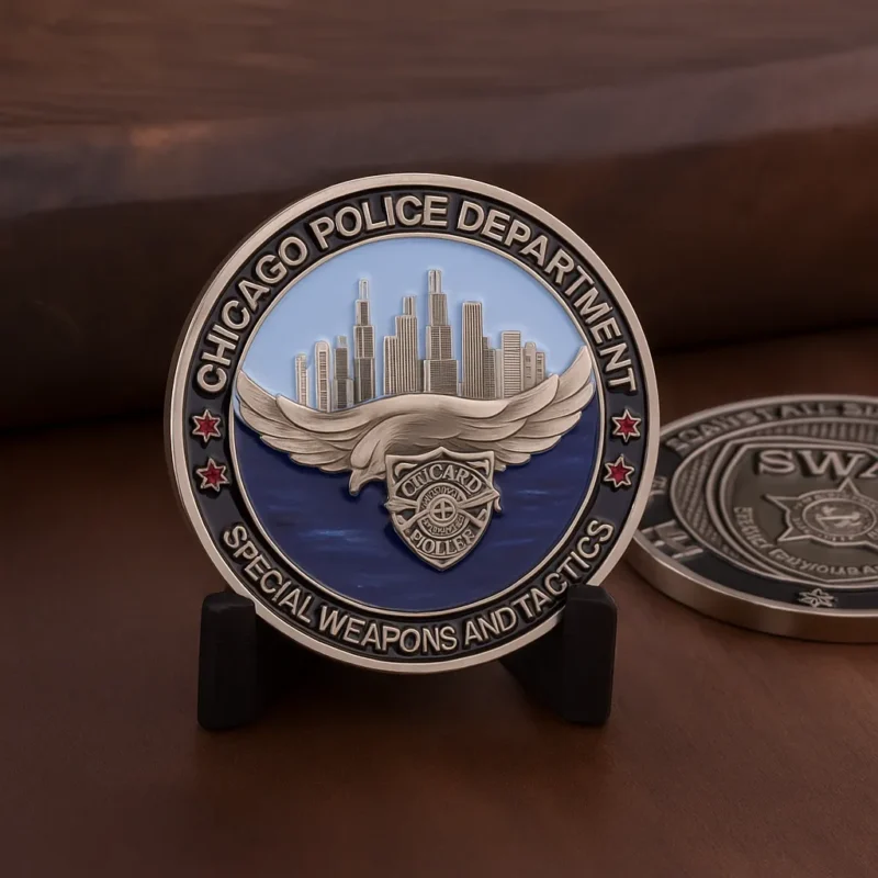 Chicago Police Department SWAT challenge coin featuring emblem and text, symbolizing tactical excellence and teamwork.